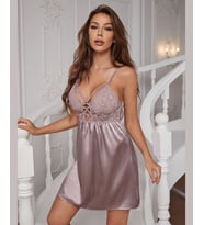Lily Açık Lila Önü Dantelli Dekolteli Mini Saten Gecelik/Babydoll (Çok Renkli)