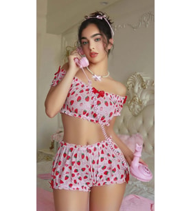 Arias Closet Pembe Çilek Desenli Şortlu Fantezi Sütyen Takımı