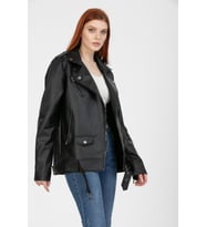 Mero Life Kadın Siyah Oversize Içi Kürklü Kemerli Biker Deri Ceket