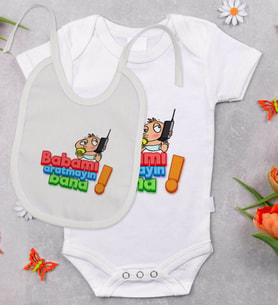BK Kids Babamı Aratmayın Bana Tasarımlı Bebek Body Zıbın ve Mama Önlüğü Hediye Seti - Model 1