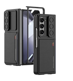 Galaxy Z Fold 5 Suni Deri Arka Yüzey Sürgülü Kamera Korumalı Zore Kartlıklı Kıpta Silikon Kapak