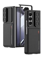 Galaxy Z Fold 5 Suni Deri Arka Yüzey Sürgülü Kamera Korumalı Zore Kartlıklı Kıpta Silikon Kapak