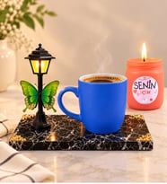 Sokak Lambalı Mavi Kupa ve Kokulu Mum Siyah Mermer Kaideli