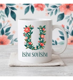 Kişiye Özel Baş Harf ve İsim Yazılı Çiçek Motiflili U Harfli Seramik Kupa Bardak