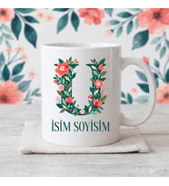 Kişiye Özel Baş Harf ve İsim Yazılı Çiçek Motiflili U Harfli Seramik Kupa Bardak