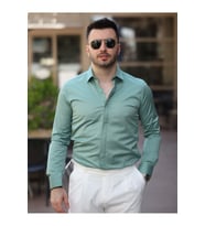 Süper Slim Fit (Dar Kalıp ) Gizli Düğmeli Pamuk Saten Gömlek (Su Yeşili)