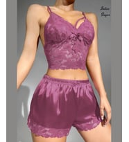 Intive Sugar Açık Mor V Yaka Dantel Büstiyerli Saten Pijama Takımı/İç Çamaşır Takım