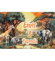 Safari Gün Batımı ve Hayvanlar Temalı Doğum Günü Afişi -1 35X50 cm