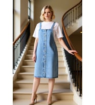 Kadın Büyük Beden Askılı Denim Elbise Önü Düğmeli %100 Pamuk Midi Kesim A-Line Rahat Günlük Modern