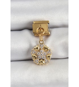 316L Çelik Sallantılı Zirkon Taşlı Kalp Detaylı Yıldz Model Gold Renk Nomination Charm