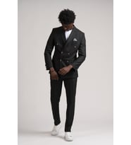 Adimo Slimfit Sivri Yaka Çift Yırtmaçlı Çizgili Kruvaze Takım Elbise  (Siyah)