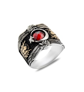 925 Ayar Gümüş Kartallı Ay Yıldız Erkek Yüzük