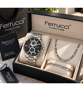 Ferrucci Çelik Kordon&Kasa Fonksiyonları Aktif Erkek Kol Saati+%100 Çelik Takı Set Hediyeli