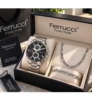 Ferrucci Çelik Kordon&Kasa Fonksiyonları Aktif Erkek Kol Saati+%100 Çelik Takı Set Hediyeli