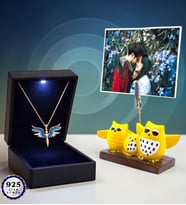 Size Özel Fotoğraflı Led Işıklı Kutusunda 925 Ayar Gümüş Zirkon Taşlı Melek Kolye (Baykuşlu)