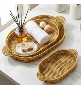 Mcg® İç İçe Geçebilen 3 lü Oval Plastik Rattan Tepsi Seti-Hasır Görünümlü Çok Amaçlı Servis ve Sunum Tepsileri