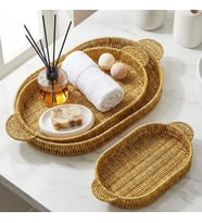 Mcg® İç İçe Geçebilen 3 lü Oval Plastik Rattan Tepsi Seti-Hasır Görünümlü Çok Amaçlı Servis ve Sunum Tepsileri