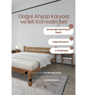 Letto Model Masif Ahşap Karyola ve 2 Adet Komodin Kolay Kurulum Fırınlanmış İthal Sibirya Çamı 180x200 Yatak Uyumlu 2 Adet Komodin