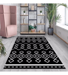 Geometrik Etnik Karo Desenli Siyah Dijital Baskı Yıkanabilir Kaymaz Taban Modern Salon Halısı (Beyaz)