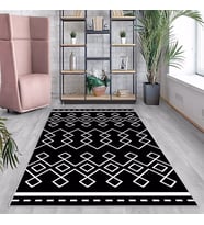 Geometrik Etnik Karo Desenli Siyah Dijital Baskı Yıkanabilir Kaymaz Taban Modern Salon Halısı (Beyaz)