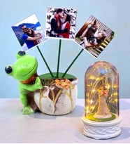 Kişiye Özel Hediye Seti 3 Fotoğraflı Kurbağa Tasarımlı Saksı ve Led Işıklı Fanus Seti (Model 7)