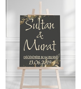 Söz Nişan Düğün İçin 50x70 Karşılama Panosu - Siyah ve Gold Çiçek Temalı 03