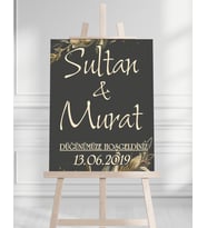 Söz Nişan Düğün İçin 50x70 Karşılama Panosu - Siyah ve Gold Çiçek Temalı 03