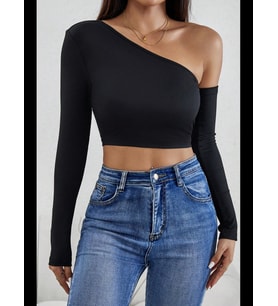 Fantezia Night Kadın Siyah Tek Omuz Detaylı Uzun Kol Crop Top Bluz