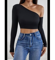 Fantezia Night Kadın Siyah Tek Omuz Detaylı Uzun Kol Crop Top Bluz