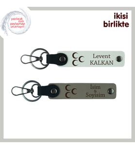 Üç Hilal Deri Anahtarlık Set – Doğum Gününe Özel İsim Yazılabilen Hediye, Beyaz-Kül Gri