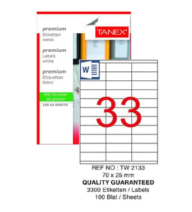 Bilgisayar Etiketi Tw-2133 70x25 mm 100 Lü Lazer Etiket 1 Paket Tanex Davetiye Kargo Koli Kutu Etiketi (Beyaz)