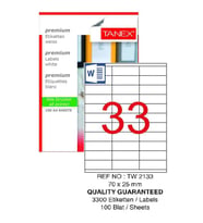 Bilgisayar Etiketi Tw-2133 70x25 mm 100 Lü Lazer Etiket 1 Paket Tanex Davetiye Kargo Koli Kutu Etiketi (Beyaz)