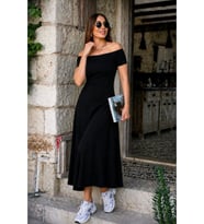 Kadın Omuzlardan Açık Lastikli Uzun Viskon Elbise
