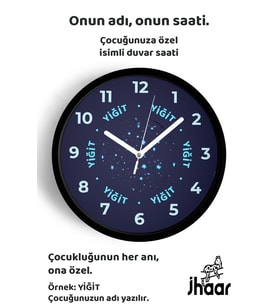 İsme Özel Soyut Yıldızlı Çocuk Odası Duvar Saati Orta Boy 30 cm Siyah Camlı Sessiz