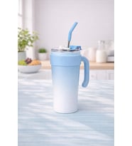 Paslanmaz Çelik Termos Bardak Pipetli Kapaklı Taşınabilir Soğuk Sıcak İçecek Mug (Mavi - Kahverengi)