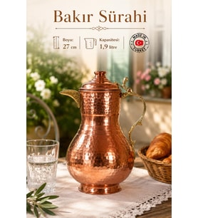 El Yapımı Dövme Bakır Sürahi 1,9 Litre – Kalaylı İç Yüzey, El Dövmesi, Gaziantep Üretimi, 27 cm