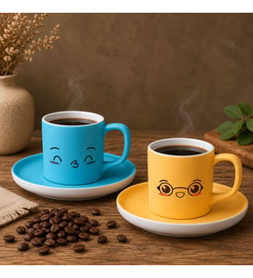 BK Gift 2'li Turkuaz ve Sarı Renkli Emoji Yüz Tasarımlı Seramik Türk Kahvesi Fincanı Takımı-7