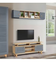 Helena Tv Sehpası Atlantik Çam Antrasit 2 Kapaklı Açık Raflı Bölmeli Tasarım 140x36x60 Cm
