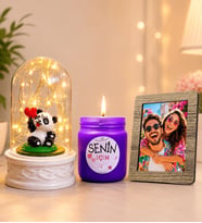 Kişiye Özel Fotoğraflı LED Işıklı Fanus (pandalı) ve Kokulu Cam Mum Hediye Seti