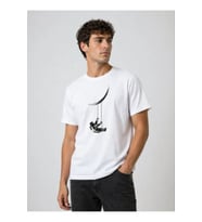 Erkek Astronot Ay Temalı Tişört Kısa Kol Yazlık Bisiklet Yaka T-Shirt - Beyaz