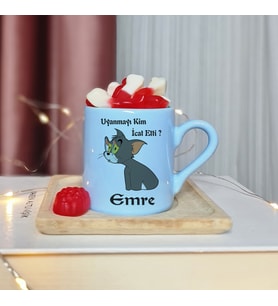 Tom ( Uyanmayı Kim İcat Etti ) Tasarımlı Kişiye Özel Mavi Türk Kahvesi Fincanı