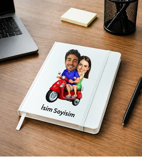 Kişiye Özel Sevgili Karikatürlü Defter Fotoğraflı Çift ve Scooter Tasarımlı İsimli Hediye Renk Siyah-Beyaz Sevgili Defteri