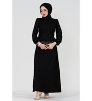 Yanı Bağcıklı Keten Elbise-Siyah