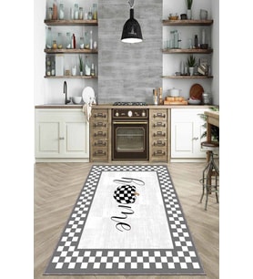 Gri Kaymaz Tabanlı Yıkanır Home Desenli Mutfak Halısı AR795
