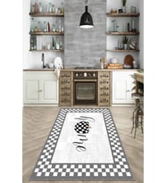 Gri Kaymaz Tabanlı Yıkanır Home Desenli Mutfak Halısı AR795