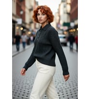 Kadın Oversize Saç Örgü Polo Yaka Triko Kazak Düşük Uzun Kollu Kışlık Rahat Basic Şıklık Kaliteli