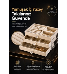 Kadife Takı Düzenleyici, Şeffaf Kapaklı, 3 Çekmeceli, Mücevher Saklama Kutusu