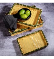 Wicker Serisi 3’lü Hasır Örme Dikdörtgen Tepsi Seti