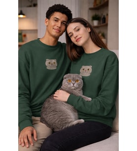 Scottish Fold Kedi Desenli Sevgili Sweatshirt – Unisex Çift Kombini (Koyu Yeşil)