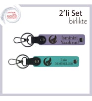 Hediye Arayanlara – Bozkurt Ve Ayyıldız Desenli Deri Anahtarlık Seti, İsme Özel x2, Mor-Turkuaz (Çok Renkli)